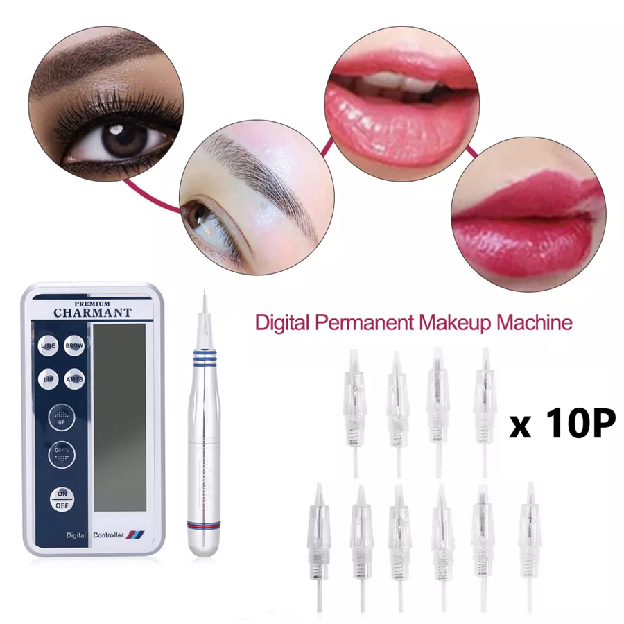 Digital Permanent Makeup Tattoo Machine Kit With 10pcs 1P Needles For Eyebrow Lip Eyeliner Freckle Removal Salon Beauty Device