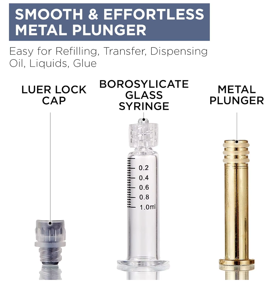 1ml Luer Lock Glass Syringe With Metal Plunger No Needle Liquid Dispenser For Essential Oil Cosmetic Gel Laboratory Sample Storage Tool (10 Pack)