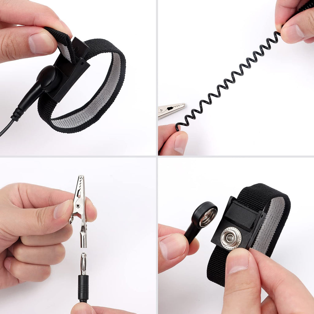 2PCS Adjustable Anti Static Wrist Strap with Coiled Cord Alligator Clip ESD Grounding Bracelet for Electronic Repair Work