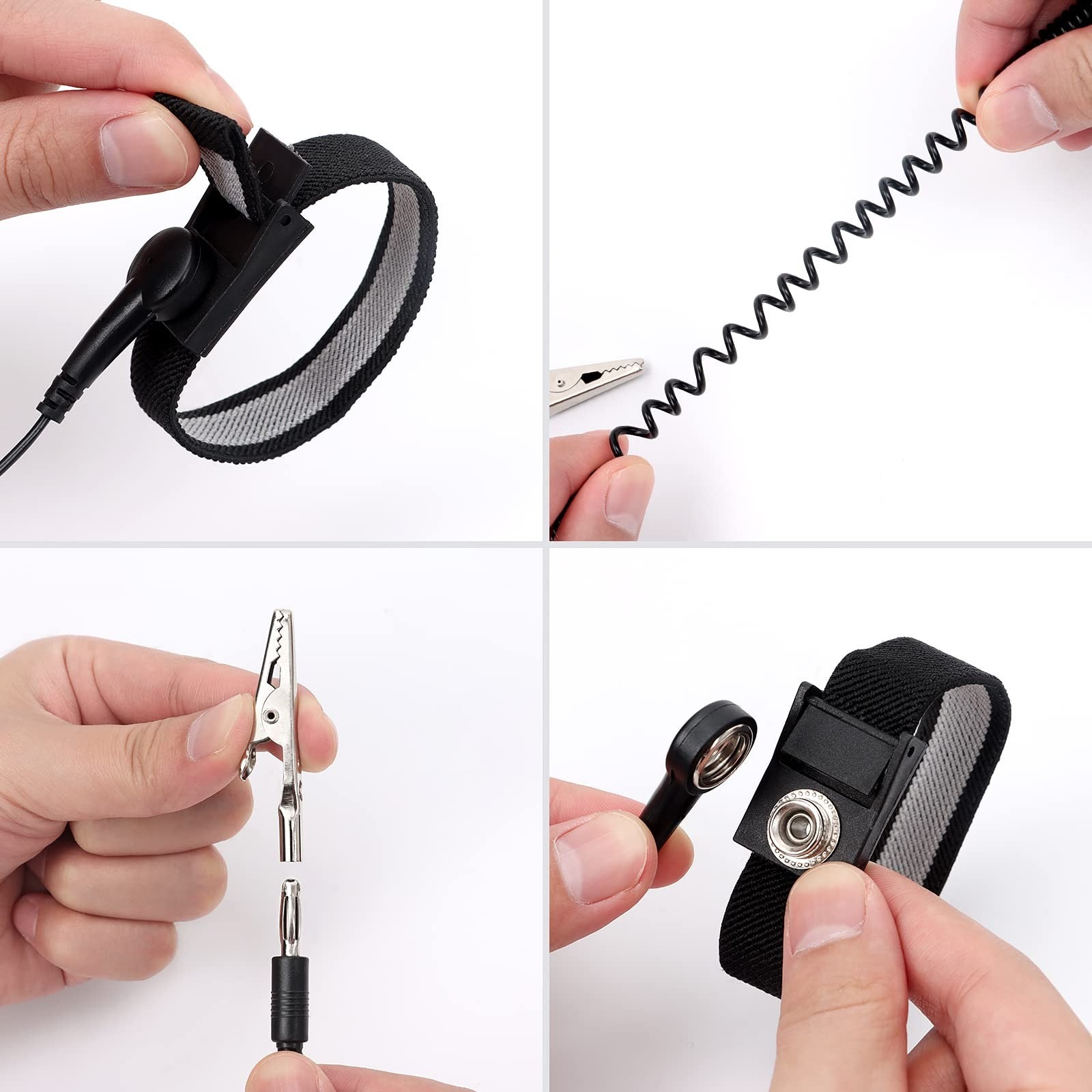 2PCS Adjustable Anti Static Wrist Strap with Coiled Cord Alligator Clip ESD Grounding Bracelet for Electronic Repair Work