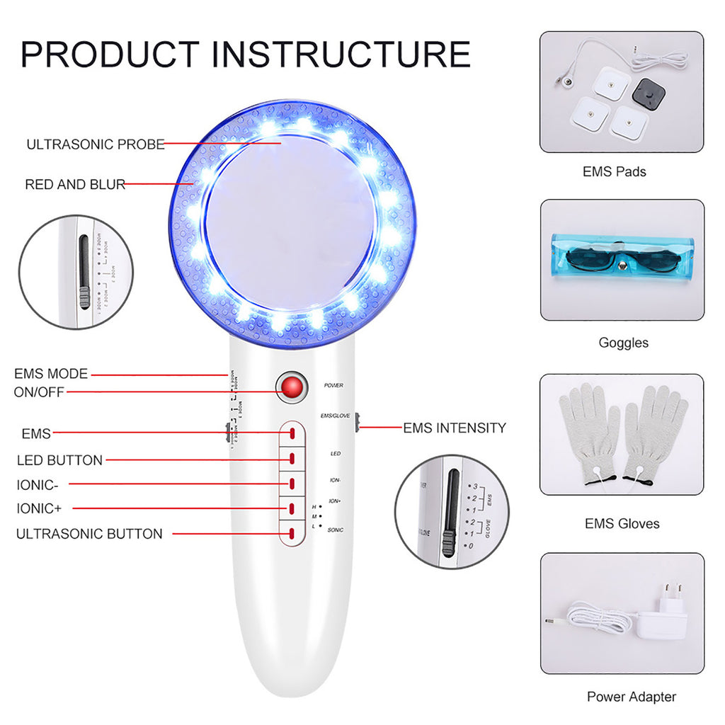 6 In 1 EMS LED Galvanic Ion Machine Ultrasonic Body Slimming Skin Tightening Fat Burning Anti Cellulite Massager