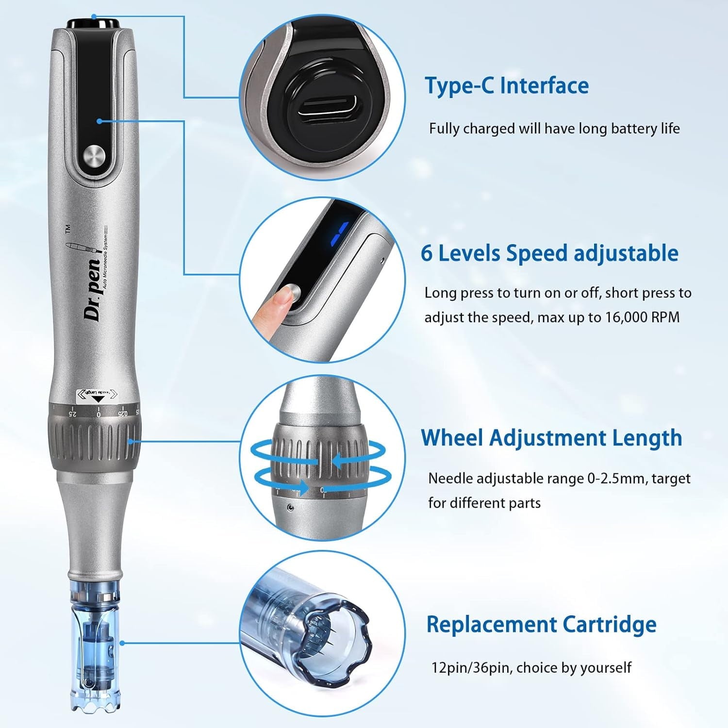 Electric M8S Dermapen Pen, Wireless Tool Auto Pen Care Tool with Skin Care Cartridges Replacement
