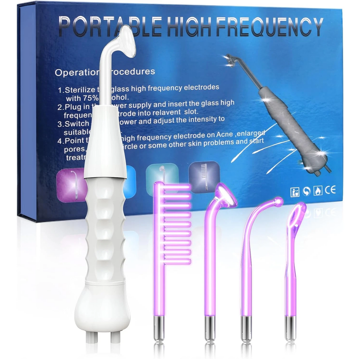 Portable High Frequency Facial Machine 4 Glass Electrodes Handheld Skin Therapy Wand for Home Salon Skin Beauty Care Device