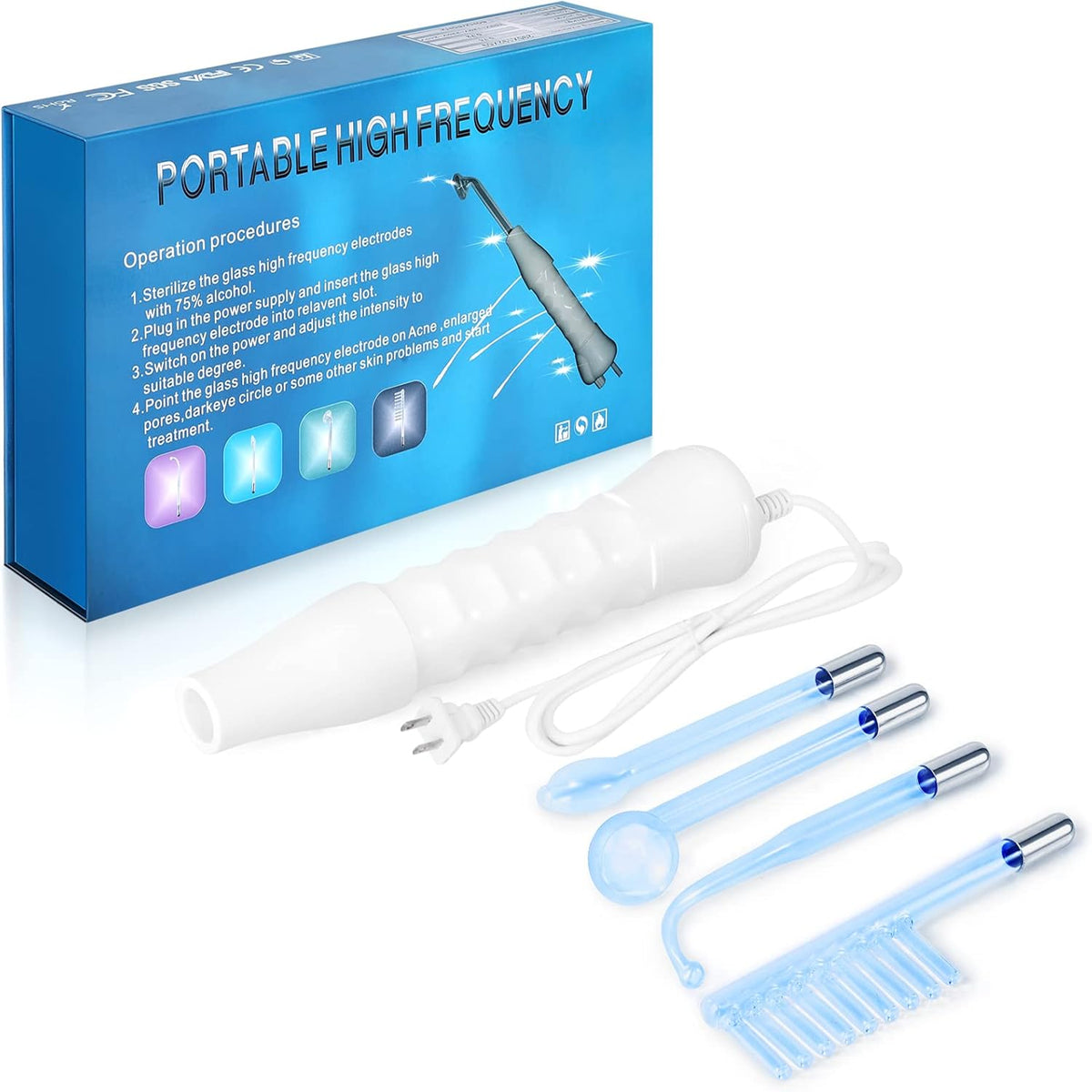 Portable High Frequency Facial Machine 4 Glass Electrodes Handheld Skin Therapy Wand for Home Salon Skin Beauty Care Device