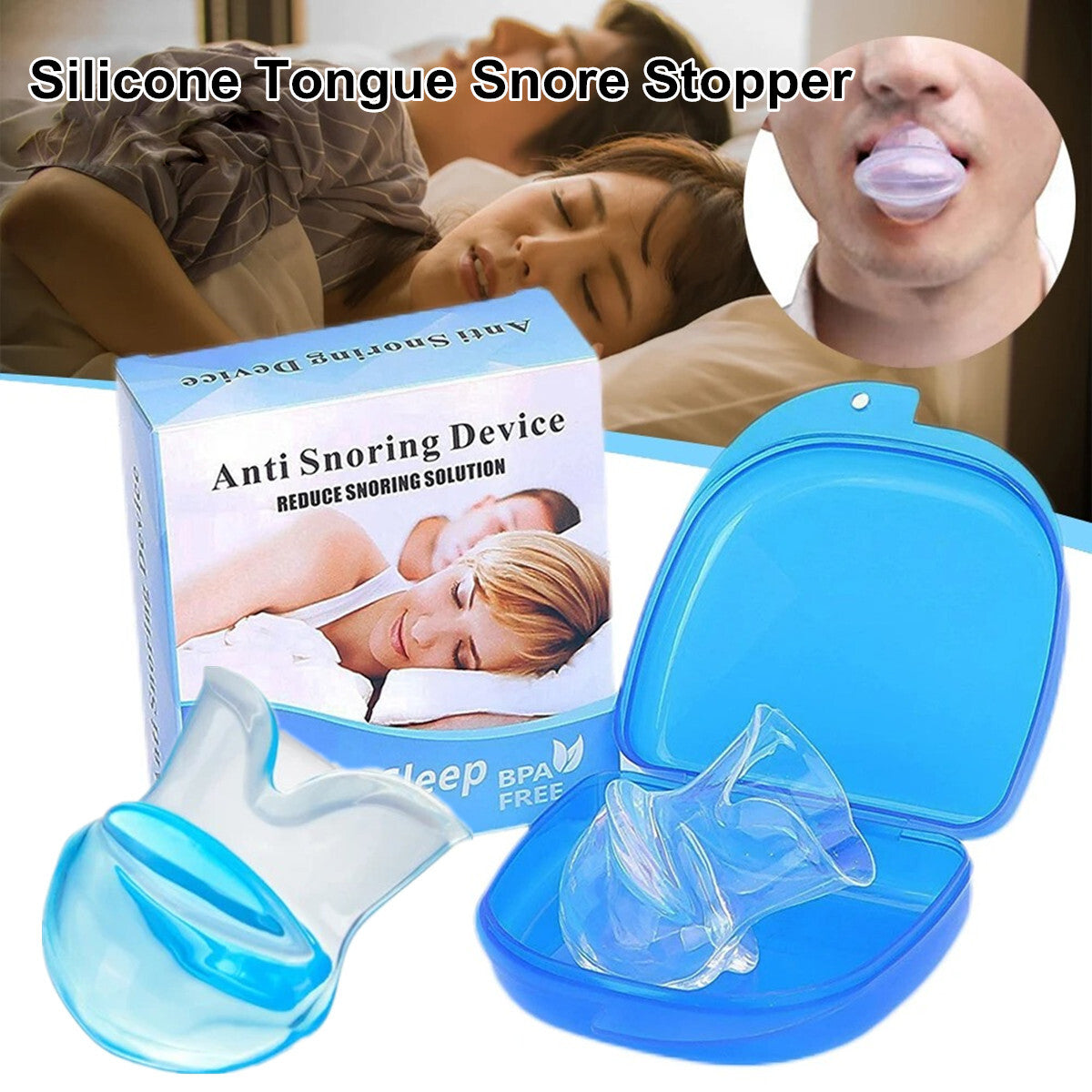 Silicone Anti Snore Device Apnea Aid Snore Stop Tongue Retainer Anti Snoring Mouthpiece with Case
